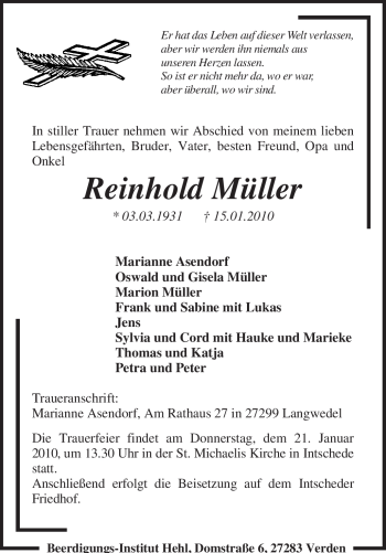 Traueranzeige von Reinhold Müller von KREISZEITUNG SYKE