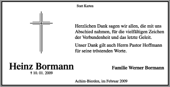 Traueranzeige von Heinz Bormann von KREISZEITUNG SYKE