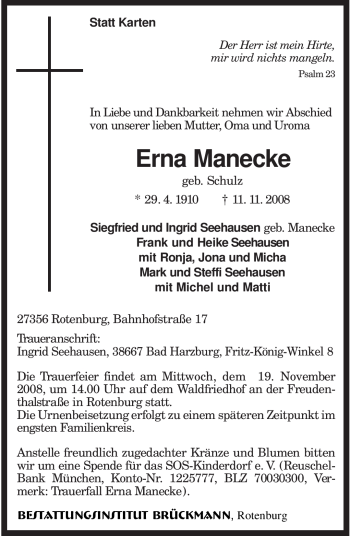 Traueranzeige von Erna Manecke von KREISZEITUNG SYKE