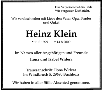 Traueranzeige von Heinz Klein von KREISZEITUNG SYKE