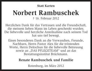 Traueranzeige von Nobert Rambuschek von KREISZEITUNG SYKE