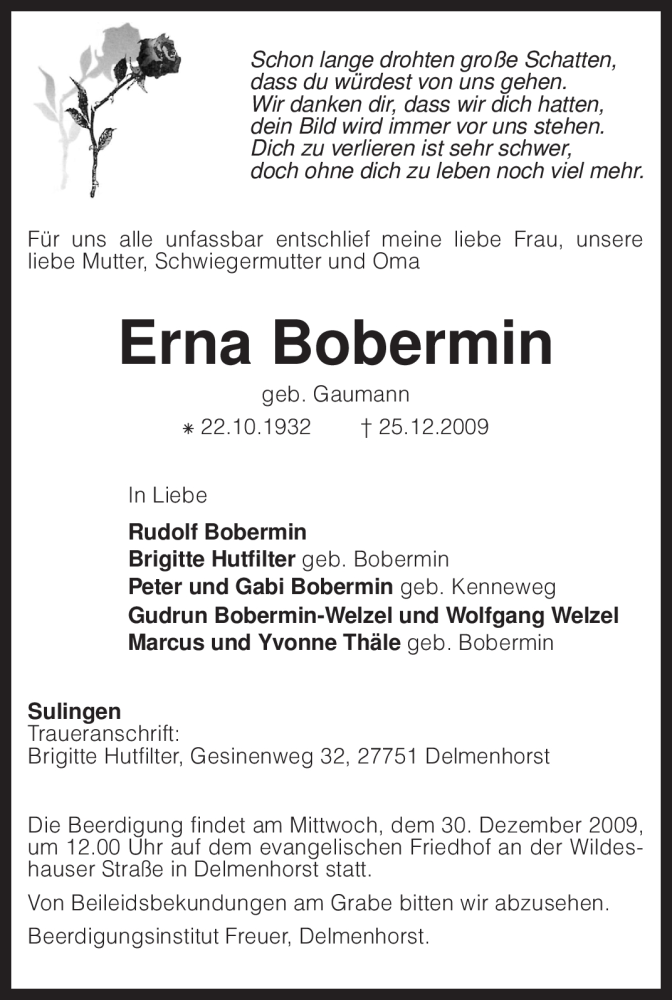  Traueranzeige für Erna Bobermin vom 29.12.2009 aus KREISZEITUNG SYKE