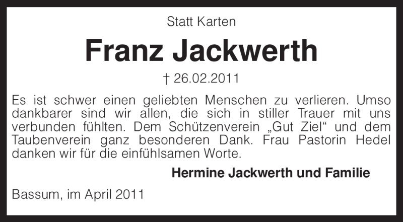  Traueranzeige für Franz Jackwerth vom 09.04.2011 aus KREISZEITUNG SYKE