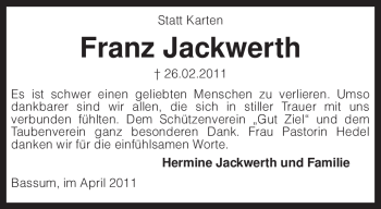 Traueranzeige von Franz Jackwerth von KREISZEITUNG SYKE