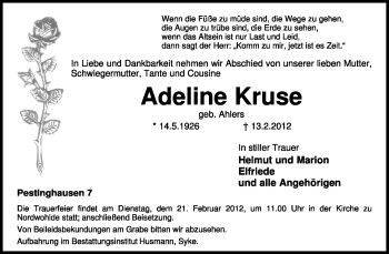 Traueranzeige von Adeline Kruse von KREISZEITUNG SYKE