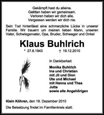 Traueranzeige von Klaus Buhlrich von KREISZEITUNG SYKE