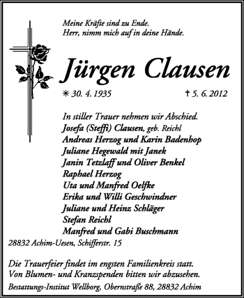 Traueranzeige von Jürgen Clausen von KREISZEITUNG SYKE