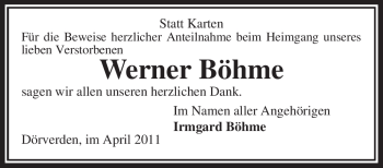 Traueranzeige von Werner Böhme von KREISZEITUNG SYKE