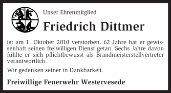 Traueranzeige von Friedrich Dittmer von KREISZEITUNG SYKE