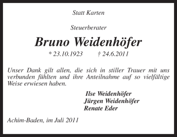 Traueranzeige von Bruno Weidenhöfer von KREISZEITUNG SYKE