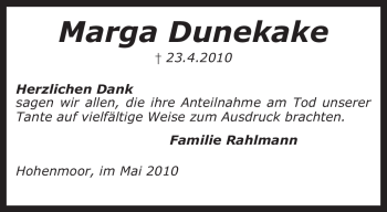 Traueranzeige von Marga Dunekake von KREISZEITUNG SYKE