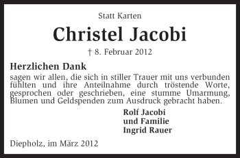 Traueranzeige von Christel Jacobi von KREISZEITUNG SYKE