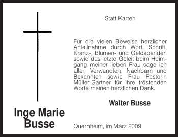 Traueranzeige von Inge Marie Busse von KREISZEITUNG SYKE