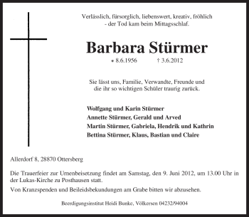 Traueranzeige von Barbara Stürmer von KREISZEITUNG SYKE