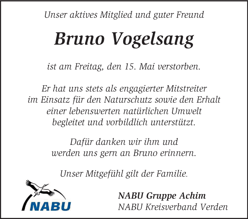  Traueranzeige für Bruno Vogelsang vom 23.05.2015 aus KRZ