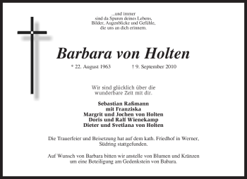 Traueranzeige von Barbara von Holten von KREISZEITUNG SYKE