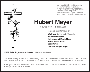 Traueranzeige von Hubert Meyer von KREISZEITUNG SYKE