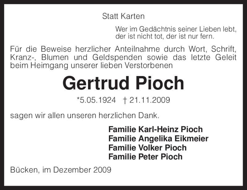 Traueranzeige für Gertrud Pioch vom 30.12.2009 aus KREISZEITUNG SYKE