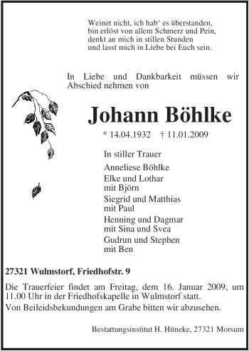 Traueranzeige von Johann Böhlke von KREISZEITUNG SYKE