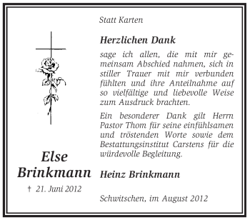 Traueranzeige von Else Brinkmann von KREISZEITUNG SYKE