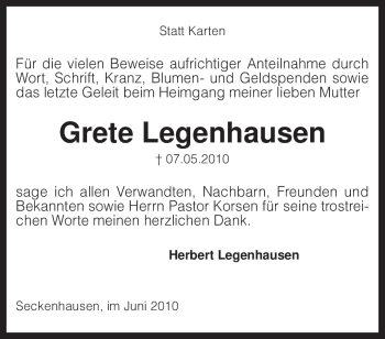 Traueranzeige von Grete Legenhausen von KREISZEITUNG SYKE