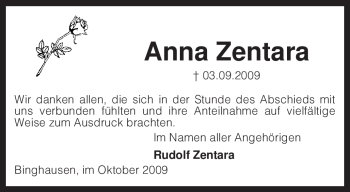 Traueranzeige von Anna Zentara von KREISZEITUNG SYKE