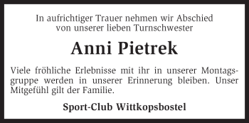 Traueranzeige von Anni Pietrek von KREISZEITUNG SYKE