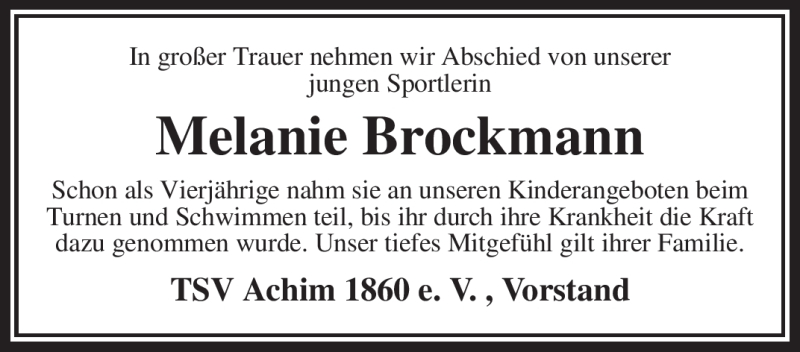  Traueranzeige für Melanie Brockmann vom 24.04.2010 aus KREISZEITUNG SYKE