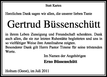 Traueranzeige von Gertrud Büssenschütt von KREISZEITUNG SYKE