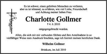 Traueranzeige von Charlotte Gollmer von KREISZEITUNG SYKE