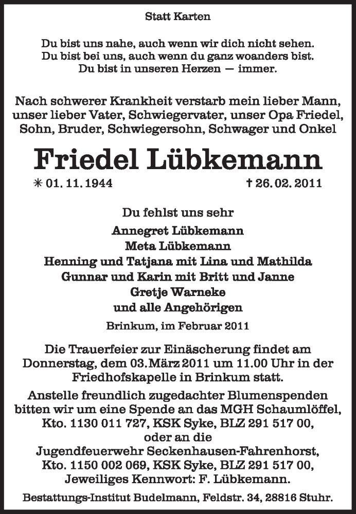  Traueranzeige für Friedel Lübkemann vom 01.03.2011 aus KREISZEITUNG SYKE