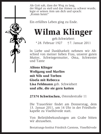 Traueranzeige von Wilma Klinger von KREISZEITUNG SYKE