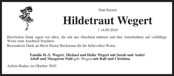 Traueranzeige von Hildetraut Wegert von KREISZEITUNG SYKE