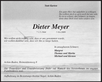 Traueranzeige von Dieter Meyer von KREISZEITUNG SYKE
