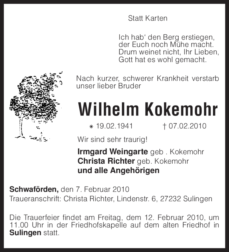  Traueranzeige für Wilhelm Kokemohr vom 09.02.2010 aus KREISZEITUNG SYKE