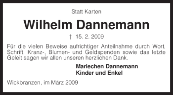 Traueranzeige von Wilhelm Dannemann von KREISZEITUNG SYKE