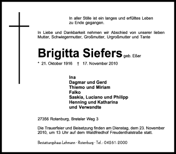 Traueranzeige von Brigitta Siefers von KREISZEITUNG SYKE