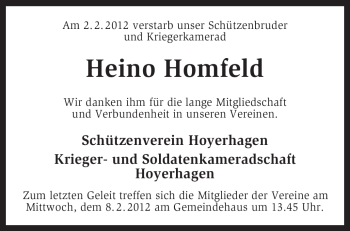 Traueranzeige von Heino Homfeld von KREISZEITUNG SYKE