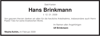 Traueranzeige von Hans Brinkmann von KREISZEITUNG SYKE
