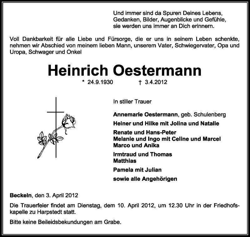  Traueranzeige für Heinrich Oestermann vom 05.04.2012 aus KREISZEITUNG SYKE
