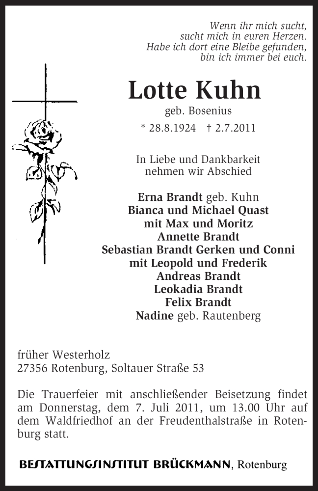  Traueranzeige für Lotte Kuhn vom 06.07.2011 aus KREISZEITUNG SYKE