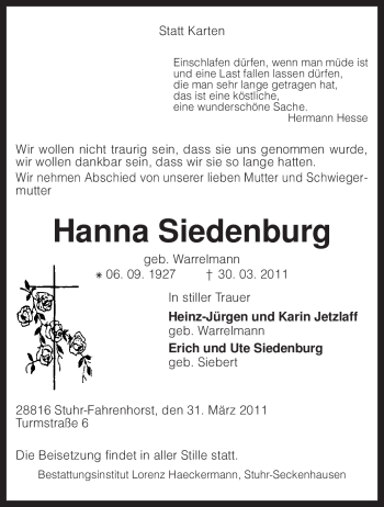 Traueranzeige von Hanna Siedenburg von KREISZEITUNG SYKE