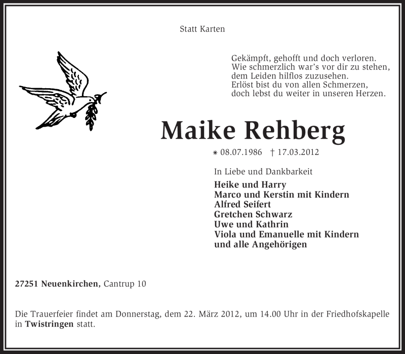  Traueranzeige für Maike Rehberg vom 20.03.2012 aus KREISZEITUNG SYKE