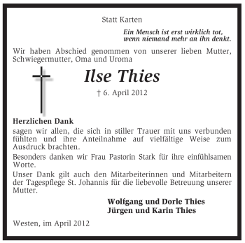 Traueranzeige von Ilse Thies von KREISZEITUNG SYKE