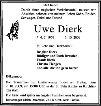 Traueranzeige von Uwe Dierk von KREISZEITUNG SYKE