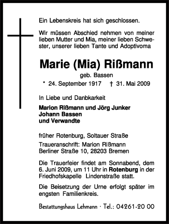 Traueranzeige von Marie Rißmann von KREISZEITUNG SYKE