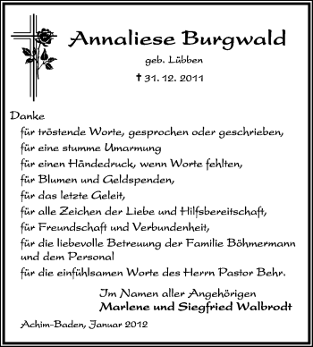 Traueranzeige von Annaliese Burgwald von KREISZEITUNG SYKE