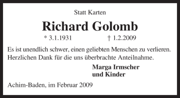 Traueranzeige von Richard Golomb von KREISZEITUNG SYKE