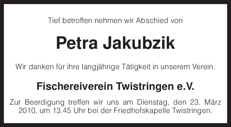  Traueranzeige für Petra Jakubzik vom 22.03.2010 aus KREISZEITUNG SYKE