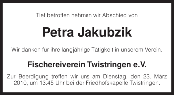 Traueranzeige von Petra Jakubzik von KREISZEITUNG SYKE